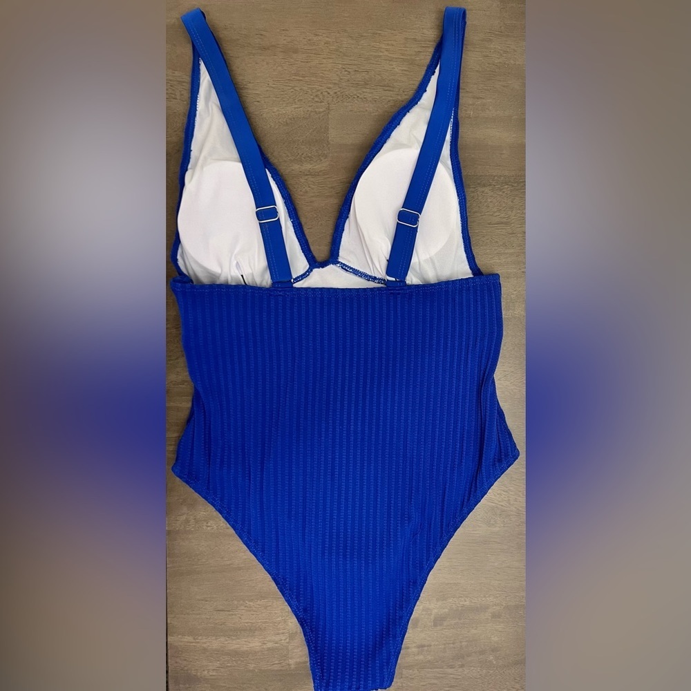 Blue V Neck Ribbed One Piece Swimsuit - Picture 7 of 9